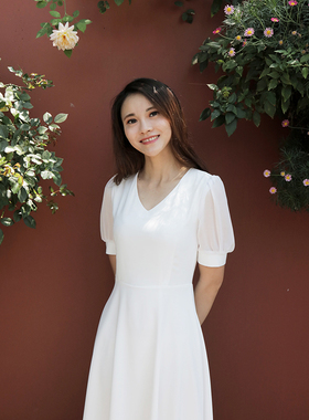 《BLOSSOM》韩国复古简约轻婚纱 法式v领文艺草坪婚礼礼服出门纱