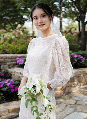 《蔷薇草》韩国蕾丝复古泡泡袖连衣裙轻婚纱旅拍婚礼敬酒服礼服