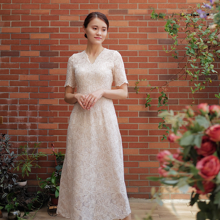 SHOOYA原创《柳叶》短袖韩国复古v领连衣裙旅拍轻婚纱礼服敬酒服