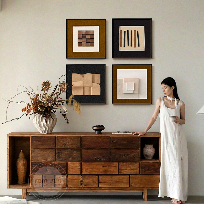 中古风客厅装饰画2025新款沙发背景墙挂画方形复古餐厅玄关柜壁画图片