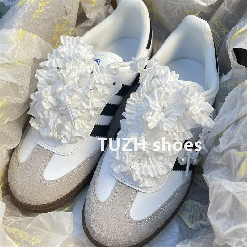 适配德训鞋板鞋创意花边木耳边鞋带可爱少女心蕾丝风白色黑色鞋绳