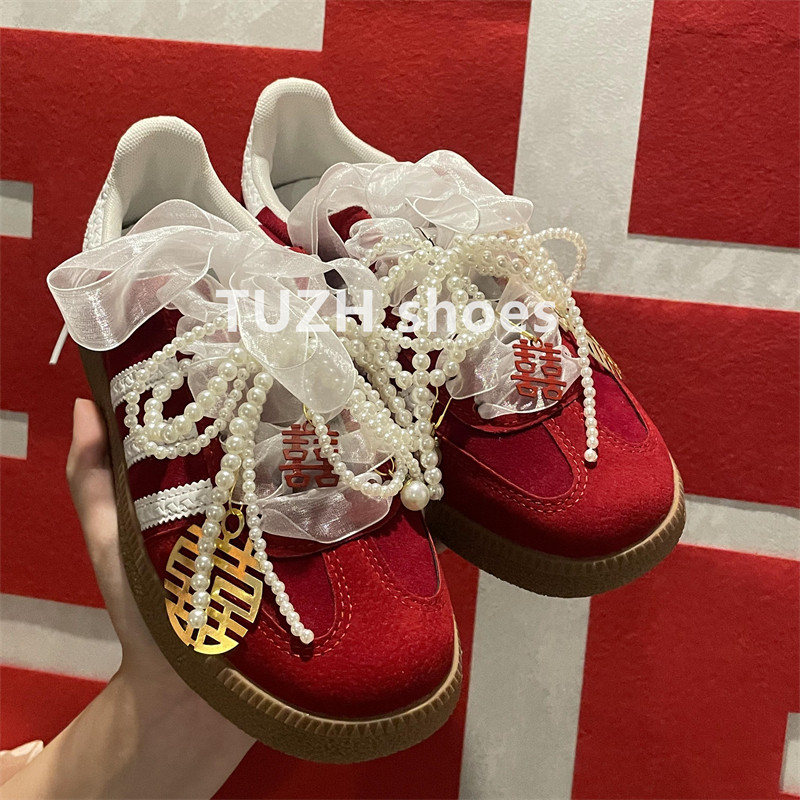 红色德训鞋运动鞋结婚喜庆鞋扣配饰婚鞋装饰diy配饰挂件雪纱鞋带