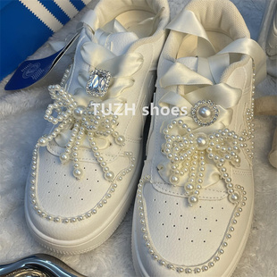 米色珍珠鞋扣适配空军一号配件少女蝴蝶结钻石宝石鞋带扣鞋花配饰