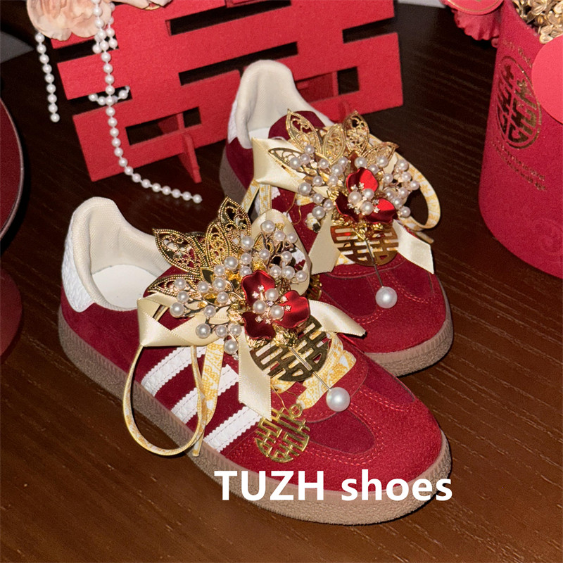 喜庆结婚装饰德训鞋运动鞋鞋扣花朵鞋花新娘红色婚鞋配饰喜字鞋带