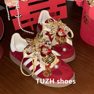 喜庆结婚装饰德训鞋运动鞋鞋扣花朵鞋花新娘红色婚鞋配饰喜字鞋带