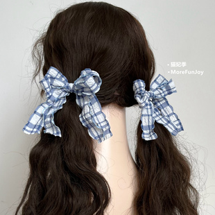 猫妃季自制灰蓝格子蝴蝶结发绳双马尾发夹边夹编发少女头饰2025新