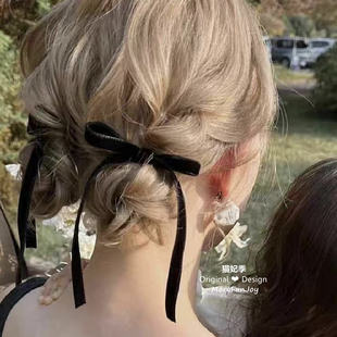 法式少女复古黑色丝绒小蝴蝶结飘带发夹双马尾发饰博主同款简约新