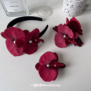 酒红色蝴蝶兰发夹边夹抓夹花朵发箍刘海夹度假氛围拍照新年发饰新