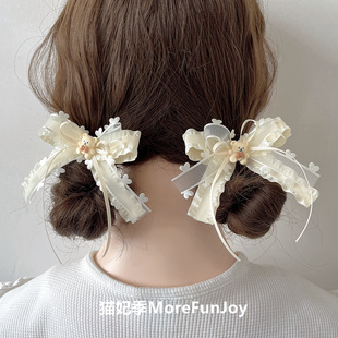 少女 原创可爱奶油多层蝴蝶结发夹刘海边夹发绳双马尾头饰 小熊
