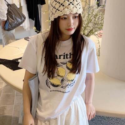 韩系复古柠檬印花纯棉短袖T恤女