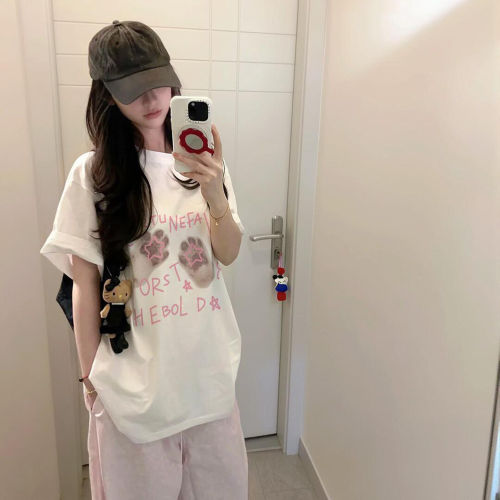 韩系猫爪印花短袖T恤女宽松