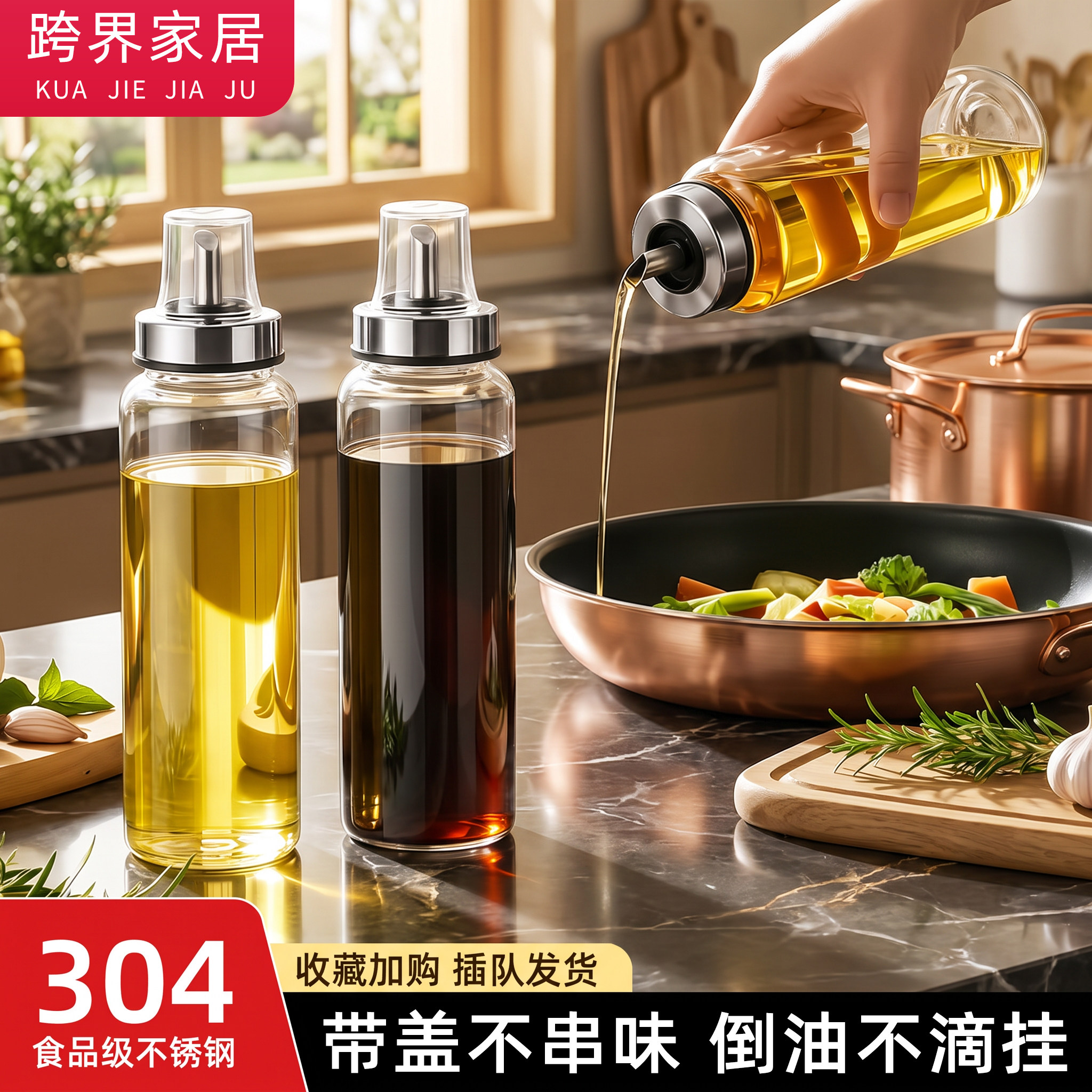 不锈钢带盖保鲜玻璃油壶调味套装图片