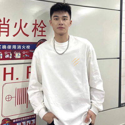 白色长袖t恤男款春季潮牌重磅纯棉上衣男士宽松内搭打底衫