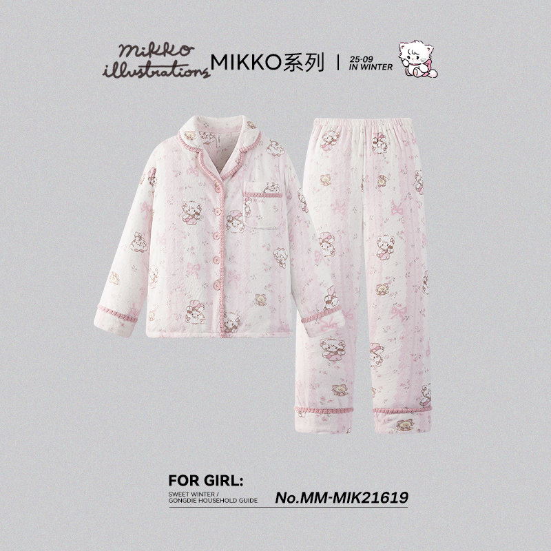 宫蝶【蓄热型】mikko睡衣女秋冬加厚法兰绒套装外穿珊瑚绒家居服