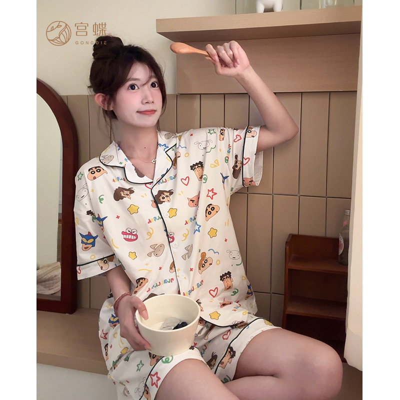宫蝶【凉感型】蜡笔小新夏季情侣睡衣短袖纯棉男女同款家居服套装