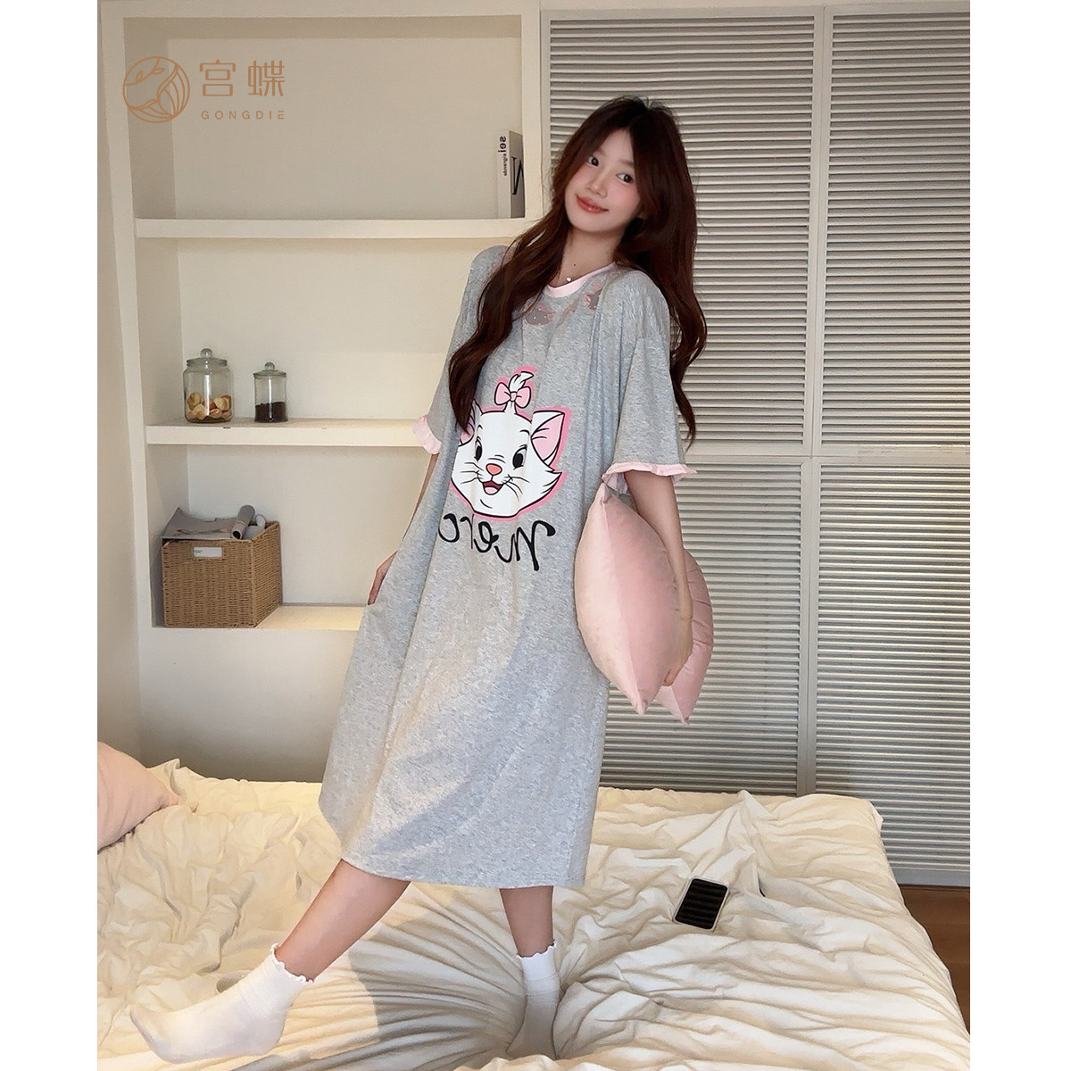 宫蝶【凉感型】迪士尼玛丽猫少女花边睡裙纯棉外穿短袖家居服夏季