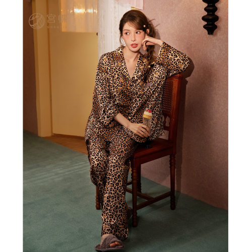 宫蝶【轻柔软】迪士尼玛丽猫春秋冰丝睡衣女长袖卡通豹纹家居服夏