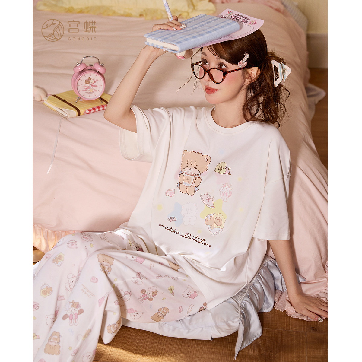 宫蝶【凉感型】mikko少女纯棉睡衣抗菌甜美外穿短袖长裤家居服夏