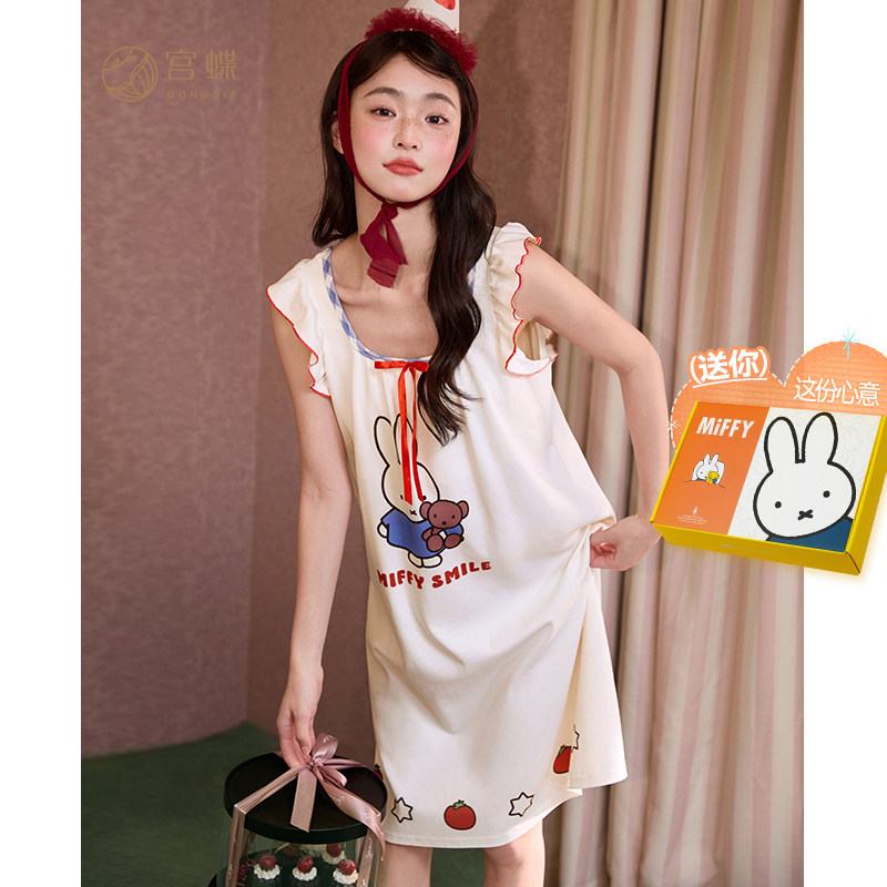 宫蝶【凉感型】米菲无袖睡裙女夏季莫代尔棉卡通带胸垫家居服外穿