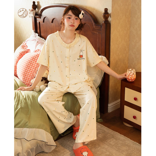 宫蝶【凉感型】米菲纯棉家居服女花边短袖长裤夏季波点睡衣可外穿