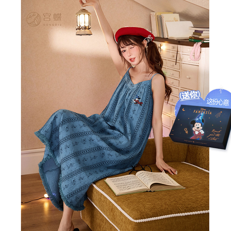 宫蝶【可外穿】迪士尼米奇吊带睡裙女纯棉卡通V领带胸垫家居服夏