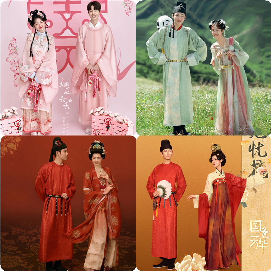 新款影楼情侣主题服装田埂纪汉服俏皮可爱婚纱照小清新粉绿色唐装