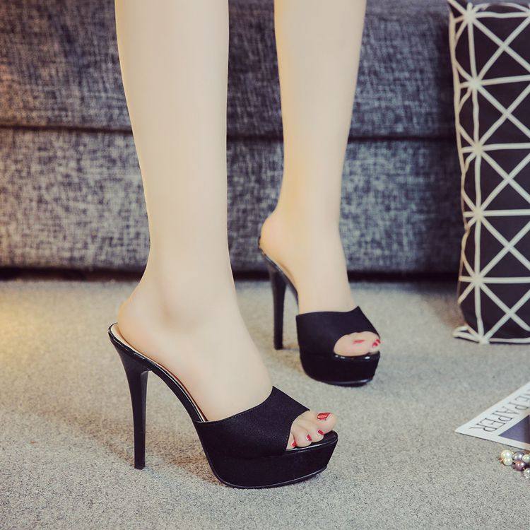 11cm新款简约超高跟细跟凉拖鞋女黑白防水台工作拖鞋百搭显瘦新款
