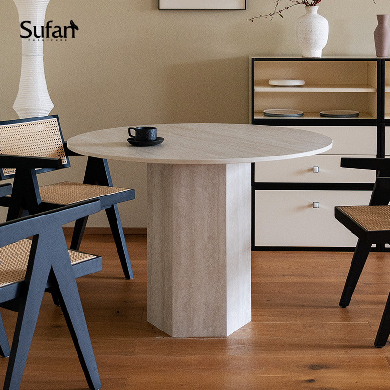 舒梵岩白桌/洞石岩板圆餐桌/中古风格桌子