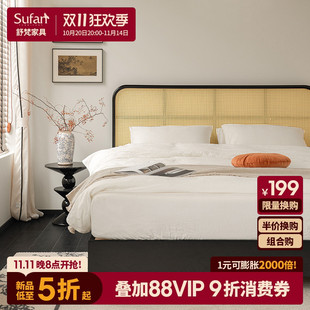 實木雙人床復古侘寂風設計輕奢 舒梵5折現貨布倫海姆藤編床