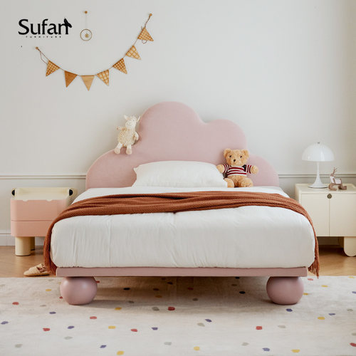 舒梵棉花糖床/北欧简约实木床软包可爱公主女孩粉儿童家具科技布