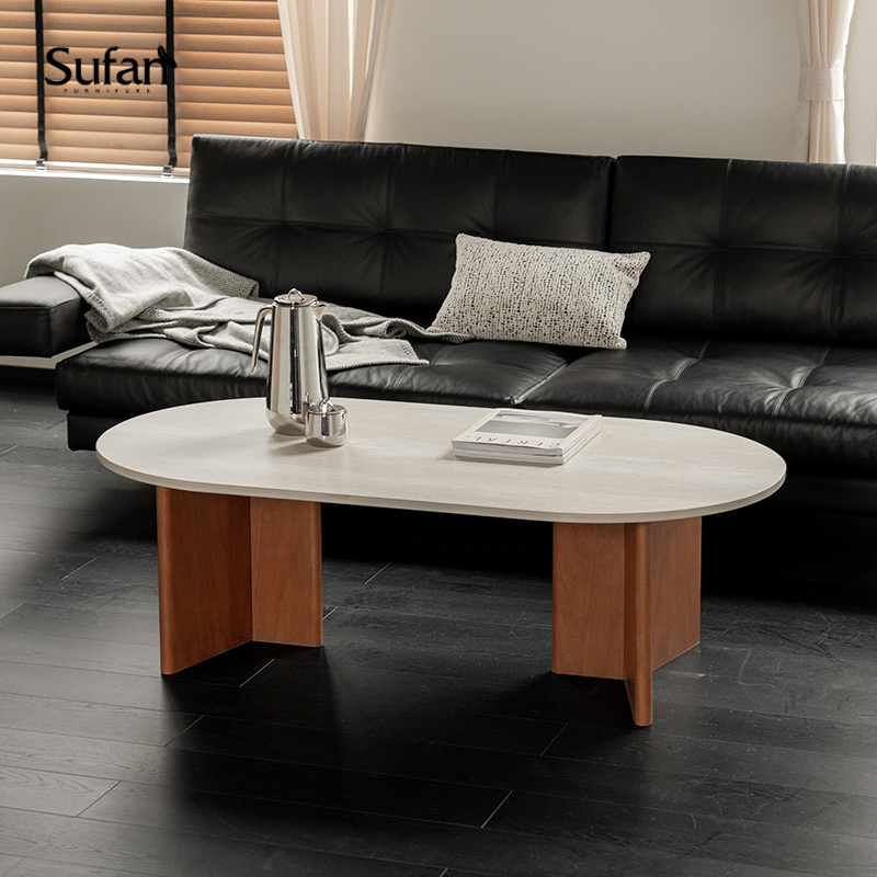 舒梵7折现货赤白茶几/洞石岩板耐造防渗透简约黑色中古柚木色