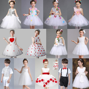 六一儿童节女孩表演服装白色公主裙亮片蓬蓬纱裙现代舞蹈演出裙子