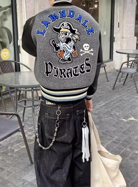 美式复古海盗船夫夹克毛巾绣棒球服男女潮牌休闲厚款高街情侣外套