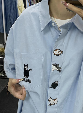 日系慵懒小猫刺绣短袖衬衫女2025新款夏季宽松五分袖学院风衬衣男