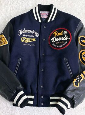 春秋美式复古刺绣棒球服外套男女休闲情侣潮流PU皮拼接夹克上衣服