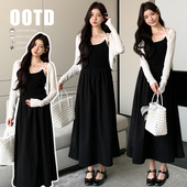 套装 蝴蝶结细带显瘦小黑裙加孕妇针织开衫 气质修身 2026春夏新款