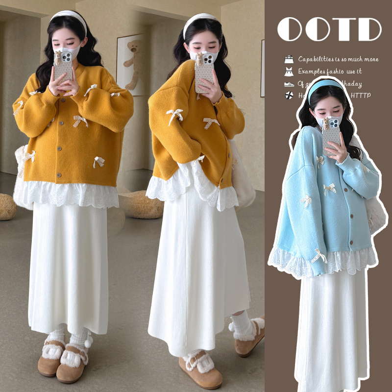 【初韵】宽松针织蝴蝶结蕾丝套装