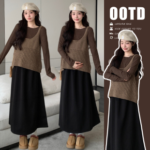 新款 2025秋季 孕妇韩系镂空马甲蕾丝上衣加孕妇毛呢半身裙 初韵