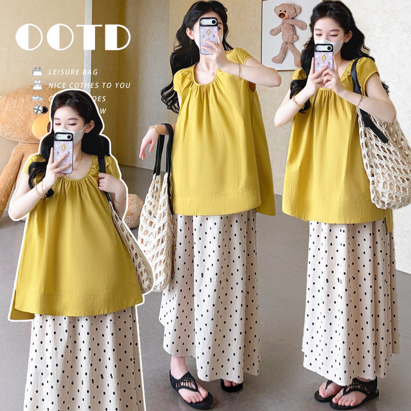 【初韵】2026孕妇夏季洗水棉圆领套头宽松上衣 棉麻波点半身裙