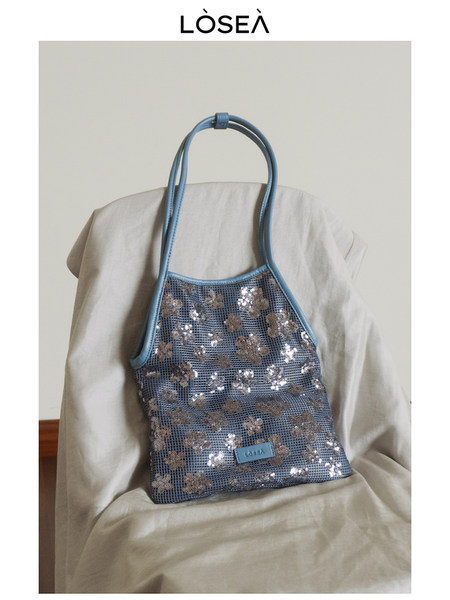 Blue sequined mesh handbag with top handle
