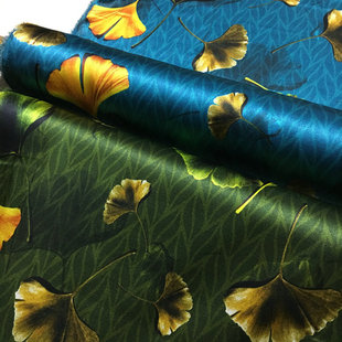 100%桑蚕丝布料新19姆米银杏叶喷绘弹力丝绸缎重磅真丝连衣裙面料