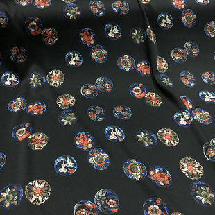 桑蚕丝面料黑底复古团花印花宽幅重磅弹力真丝丝绸缎旗袍服装布料
