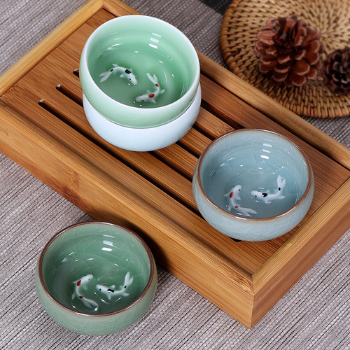 御茗青瓷茶杯龙泉双鱼功夫汝窑
