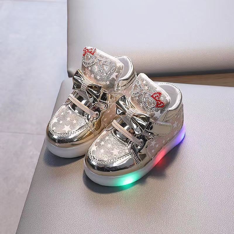 儿童蝴蝶结女童LED亮灯小皮靴亮