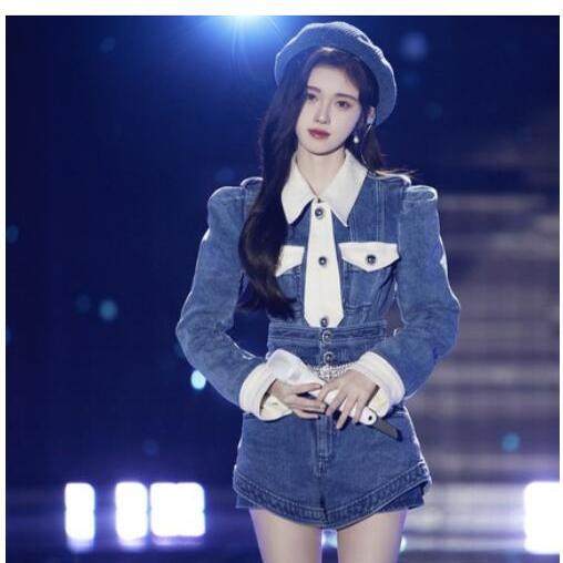 鞠婧祎明星同款牛仔套装秋冬蓝色长袖牛仔套装修身牛仔两件套女