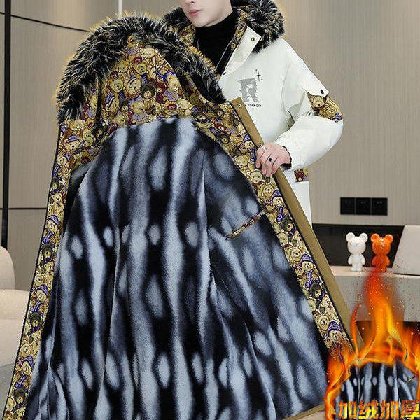中长款带毛领派克服男士秋冬季加绒加厚连帽小熊夹克冬装棉衣外套