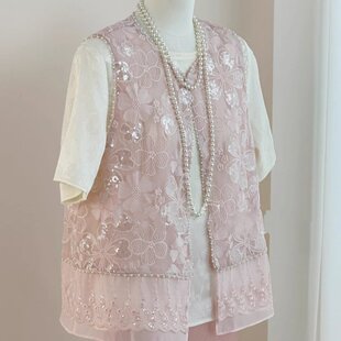 UNUS稚壹新中式国风马甲配短袖高级感重工钉珠无袖刺绣坎肩女薄纱