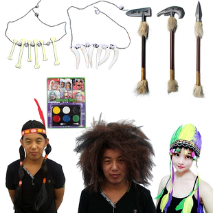 年会装扮印第安人兵器项链假发大羽毛头饰COS野人非洲油彩弓箭