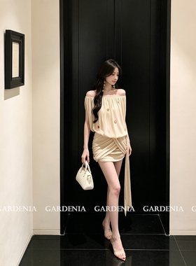 Gardenia 气质名媛高级感钉珠褶皱露肩连衣裙女时尚垂感飘带短裙