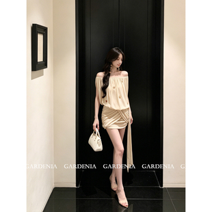 Gardenia 气质名媛高级感钉珠褶皱露肩连衣裙女时尚垂感飘带短裙